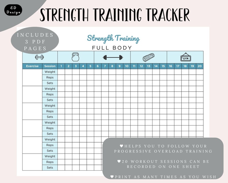 Strength Training Tracker Printable, Weight Lifting Tracker, Workout
