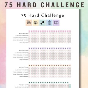 75 Hard challenge printable pastel colors, 75 hard challenge checklist with meal planner, fitness tracker 75 hard, fitness challenge 75 days