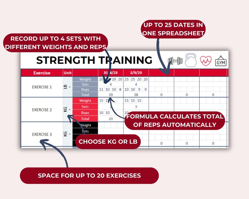 Spreadsheet Reps Strength Training Tracker Googlesheets, Weight Lifting Log, Workout ...