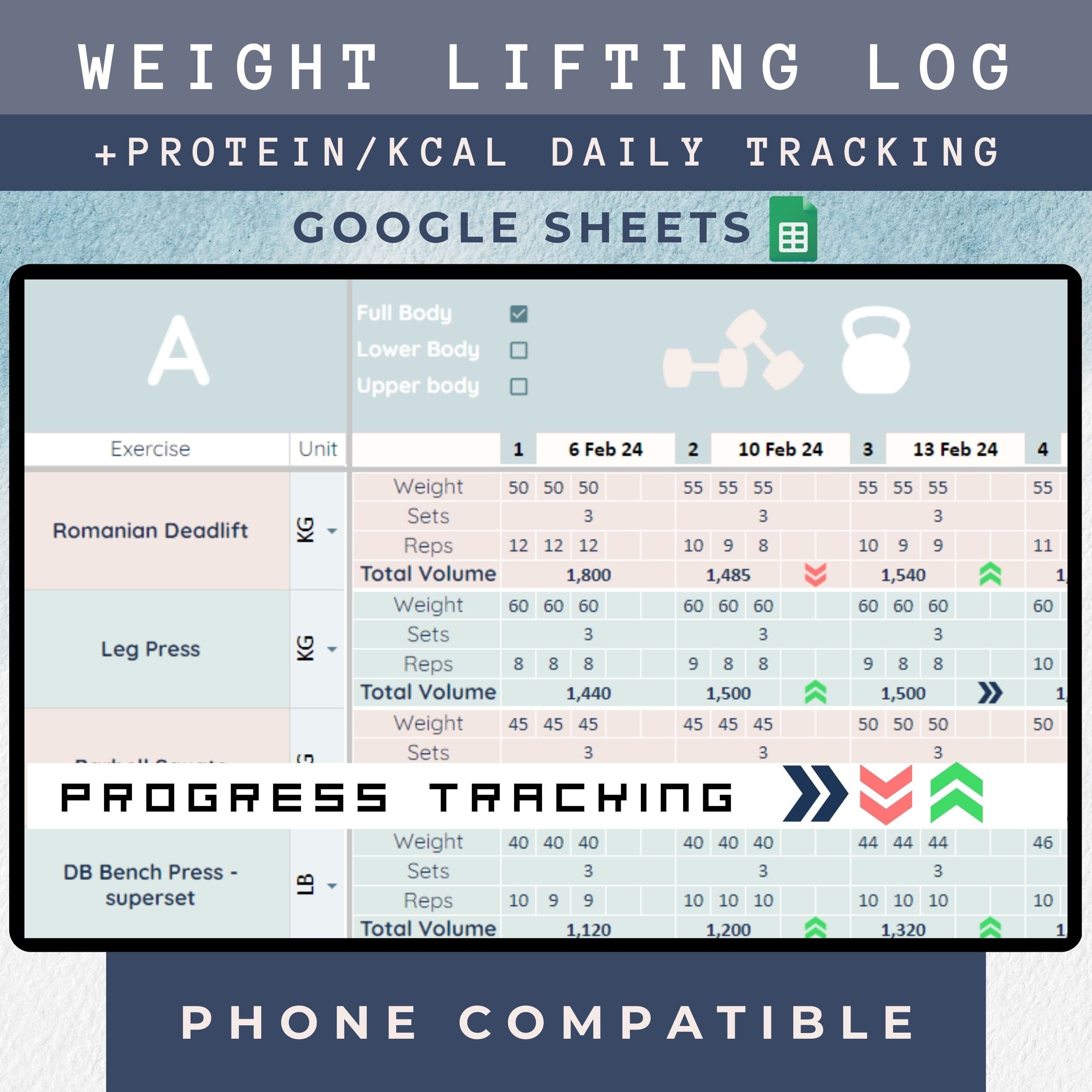 Weight Training Tracker Progressive Overload Spreadsheet Compatible