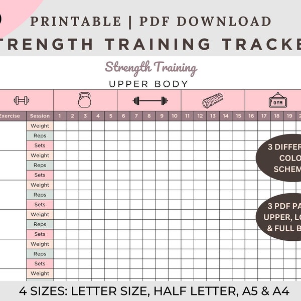 Strength Training tracker printable, Weight lifting tracker, Workout tracker, Fitness journal, Instant download PDF,  A4, A5, US Letter size