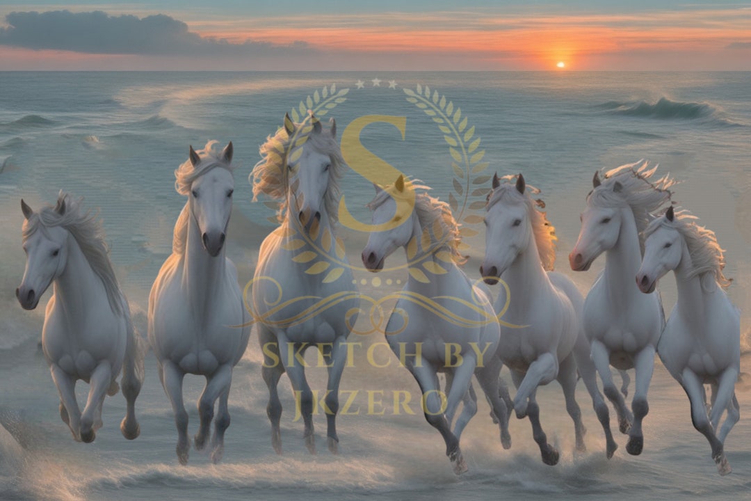 Seven Running Horse Picture, Lucky Horse Vaastu Canvas Picture, 7 Horse ...