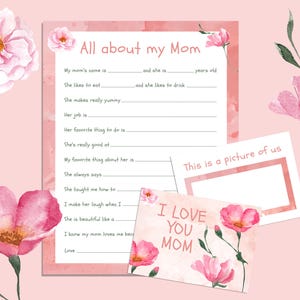 K&ouml;nnte beinhalten: Eine druckbare Muttertagskarte mit rosa Aquarellblumen und dem Text "Alles &uuml;ber meine Mama" und "Ich liebe dich Mama".