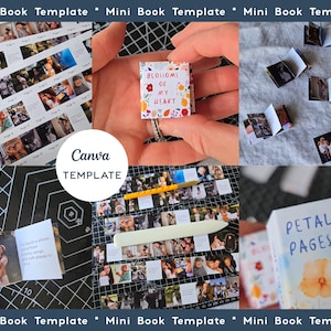 May include: A collage of images showing how to make mini photo books. The images show a variety of mini photo books with different covers and designs. The text on the covers includes "Blossoms of My Heart" and "Petals & Pages".