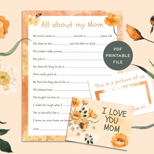 K&ouml;nnte beinhalten: Druckbare Muttertagskarte mit einem ausf&uuml;llbaren Fragebogen &uuml;ber deine Mutter, einem Blumendesign mit gelben und wei&szlig;en Blumen und dem Text "Ich liebe dich Mama".