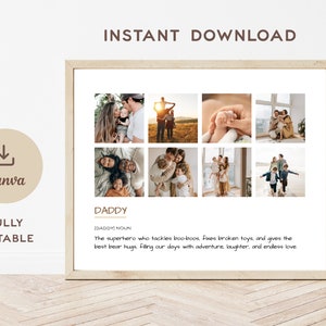 Editable Dad Daddy Papa Photo Collage, Superhero Father Canva Template, Dad Photo Print, Daddy Present, Customizable Father&#39;s Day Gift Ideas