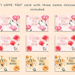 K&ouml;nnte beinhalten: Neun druckbare Karten mit Aquarell-Blumenmotiven. Jede Karte zeigt den Text "Ich liebe dich" mit einer anderen Namenswahl: Mama, Mama oder Mama.