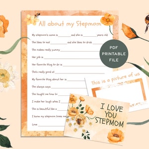 All About my Stepmom Printable Mother&#39;s Day Gift from Kids, Personalized Stepmom Questionnaire With a Bonus Personalized Card