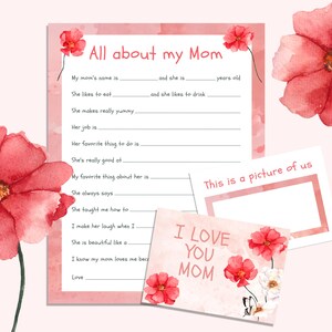 Tudo sobre minha mãe, mamãe, presente de Dia das Mães para imprimir de crianças, questionário personalizado para mães com um cartão personalizado de bônus