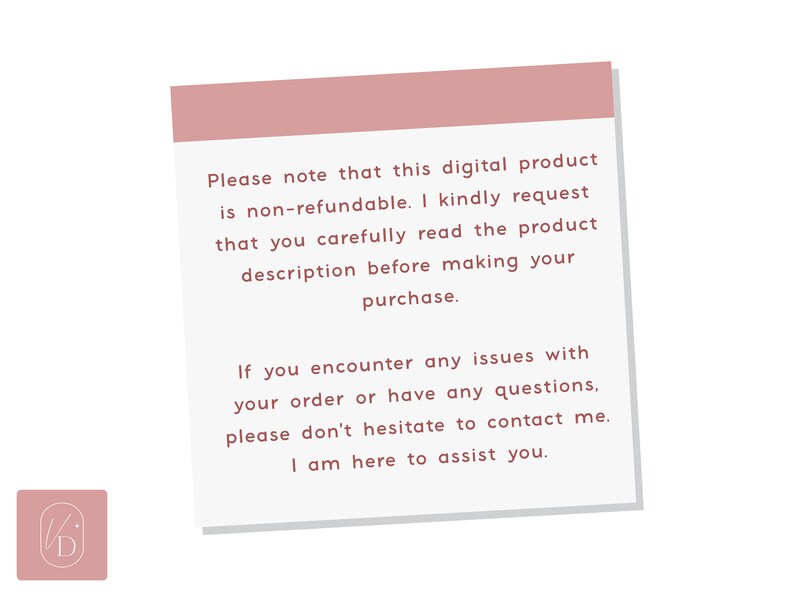 K&ouml;nnte beinhalten: Eine rosa Notiz mit wei&szlig;em Text, der lautet: "Bitte beachten Sie, dass dieses digitale Produkt nicht erstattungsf&auml;hig ist. Ich bitte Sie h&ouml;flich, die Produktbeschreibung sorgf&auml;ltig zu lesen, bevor Sie Ihren Kauf t&auml;tigen. Wenn Sie Probleme mit Ihrer Bestellung haben oder Fragen haben, z&ouml;gern Sie bitte nicht, mich zu kontaktieren. Ich bin hier, um Ihnen zu helfen."