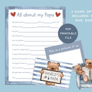 Tutto su mio papà, papà, papà, regalo stampabile per la festa del papà da parte dei bambini, compila il questionario personalizzato per papà con una carta personalizzata bonus