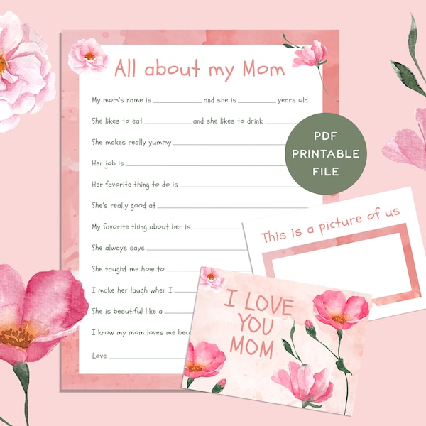 All About my Mom, Mama, Mommy, Printable Mother's Day Gift from Kids, Personalized Mom Questionnaire With a Bonus Personalized Card