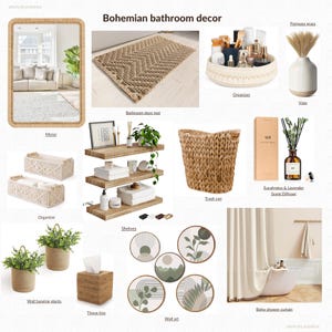 Boho bathroom decor moodboard & shopping list Bohemian moodboard bathroom decor