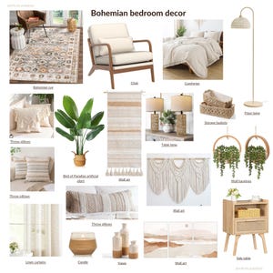 Tablero de ideas para la decoración del dormitorio boho y lista de compras / Tablero de ideas para el diseño del dormitorio boho decoración del hogar boho