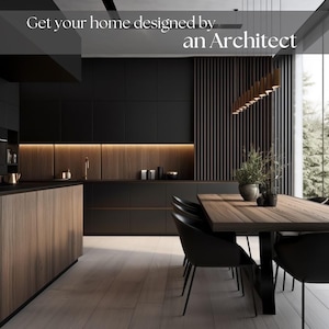 May include: A modern dining room with a long wooden table and black chairs. The room has dark wood floors and black walls with a wooden accent wall. A modern light fixture hangs above the table.