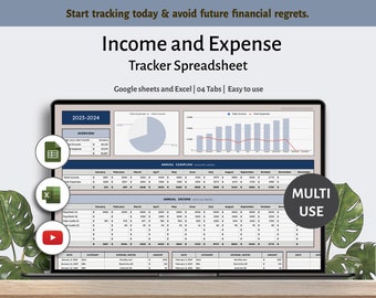 Puede incluir: Una computadora portátil muestra una hoja de cálculo de seguimiento de ingresos y gastos. La pantalla muestra gráficos, gráficas y tablas de datos. El texto en la pantalla incluye "Income and Expense Tracker Spreadsheet", "Google sheets and Excel" y "Easy to use". También se ven iconos de Excel, Google Sheets y YouTube.