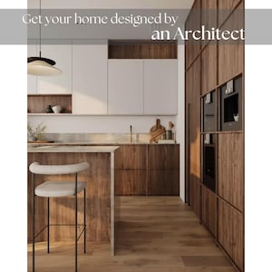 Op de afbeelding: Een moderne keuken met witte kasten, houten aanrechtbladen en een houten eiland met een barstoel. De keuken heeft een ingebouwde oven en een koelkast. De tekst "Get your home designed by an Architect" wordt bovenaan de afbeelding weergegeven.