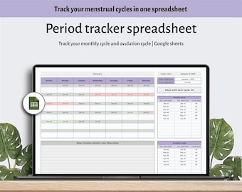 May include: A screenshot of a Google Sheet spreadsheet on a laptop screen. The spreadsheet is a period tracker with a calendar view for January, a section for tracking monthly cycles, and a section for tracking ovulation cycles. The spreadsheet has a purple and green color scheme.