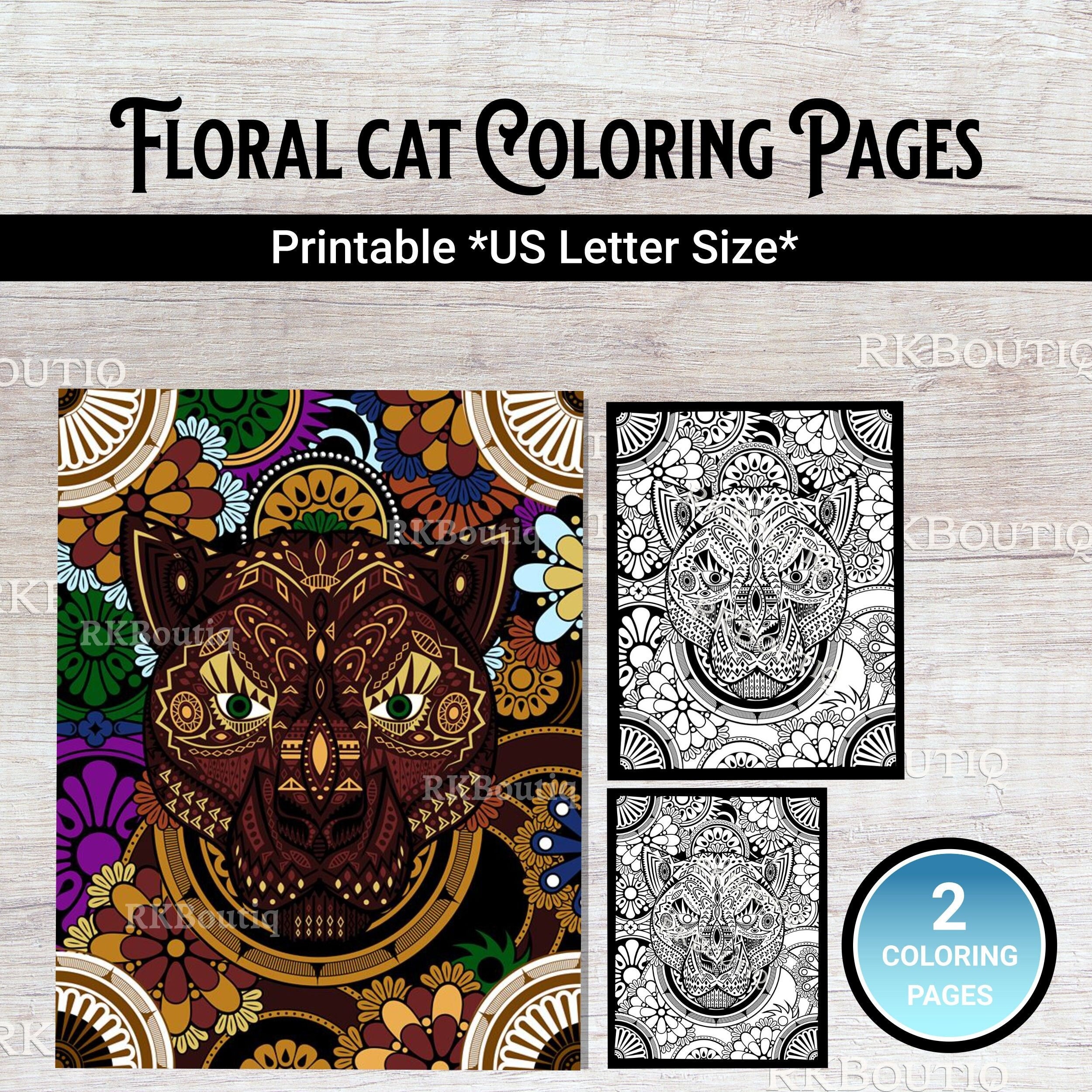 Floral Cat Coloring Pages Instant Download Digital Coloring - Etsy