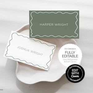 Curvy Place Cards, Sage Green Name Cards, Wavy Border, Curvy Invitation, Scallop, Printable Invitation, Digital Template, Menu Template