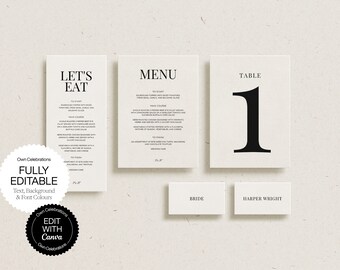 Minimalist Wedding Table Stationery: Editable Menu, Place Card & Table Number Template