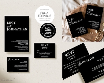 Zwart-wit trouwkaartsuite: minimalistische moderne sjabloon (directe download)