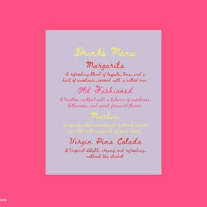 Bright Wavy Drinks Menu Template, Colorful Handwritten Cocktail Menu, Editable Bar Menu, Editable Wedding Stationary, Red and Purple Design