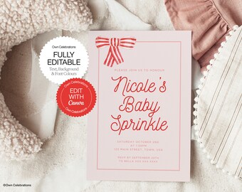 Pink Gingham Bow Baby Shower Invitation: Editable Template