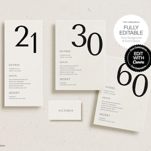 Halverwege de eeuw moderne kaartsjabloon verjaardagsmenu, cadeau voor haar, plaatskaarten, afdrukbaar tafelmenu, zwart-wit decor, instant download
