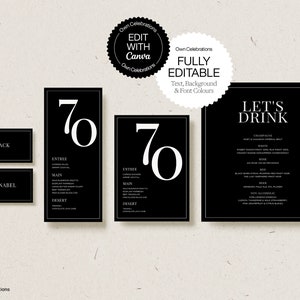 Szablon karty menu na 70 urodziny, karty miejsc, menu stołu do druku, szablon menu baru, jadalny czarno-biały wystrój, natychmiastowe pobranie