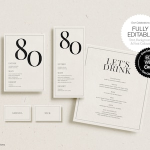 Modèle de carte de menu 80e anniversaire, marque-places, menu de table imprimable, modèle de menu de bar, décoration comestible noir et blanc, téléchargement immédiat
