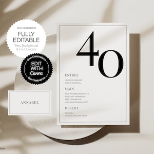 Plantilla de tarjeta de menú de cumpleaños número 40, tarjetas de lugar, menú de mesa imprimible, plantilla de menú de barra, decoración comestible en blanco y negro, descarga instantánea