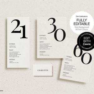 Edytowalny szablon karty menu urodzinowego, menu stołu, drukowalny szablon menu urodzinowego i karty miejsc, czarno-biały wystrój, natychmiastowe pobranie