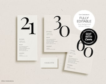 May include: A collection of minimalist wedding or event stationery. The set includes menu cards with large black numbers, a name card, and promotional text indicating the designs are fully editable with Canva.