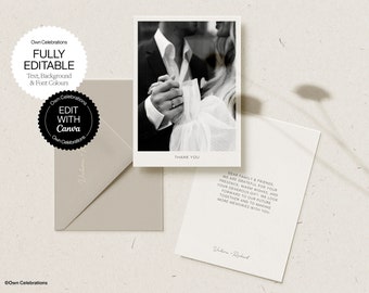 May include: A black and white photo of a couple holding hands. The photo is on a white card with the text "Thank You" and a message thanking family and friends for their presence, warm wishes, and generous gifts. The card is on a beige surface.
