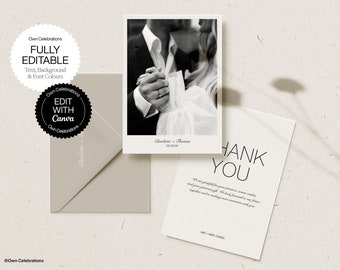 May include: A black and white wedding thank you card with a photo of a couple's hands holding each other. The text on the card reads "Thank You" and "We are grateful for your presence, warm wishes, and your generous gift. We look forward to our future together and to making more memories with you. Mr. and Mrs. Owen."