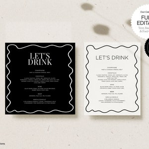 Bar Menu Template - Wavy Curvy Design, Wedding and Bridal Shower Drinks Menu Sign, Minimalistic Style, Printable & Instant Download
