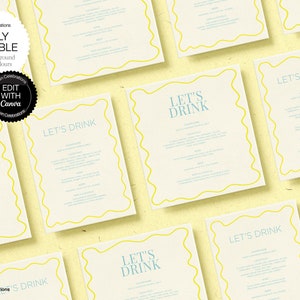 Wavy Yellow Drinks Menu - Bar & Drinks Menu Template, Wedding Bridal Shower Cocktail Menu, Printable Menu, Editable Menu, Instant Download