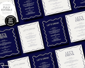 Blue Drinks Menu Template: Wavy Wedding Cocktail Bar (Instant Download)