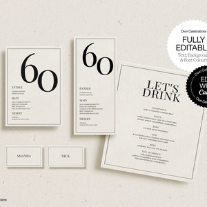 60. Geburtstag Menü Karte, Tischkarten, druckbare Tischkarte, Barkarte Vorlage, essbare schwarz weiß Dekor, Sofort Download