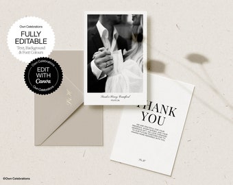 May include: Black and white wedding thank you card with a photo of a couple holding hands. The text reads "Thank You" and "We are grateful for your presence warm wishes and your generous gift. We look forward to our future together and to making more memories with you."