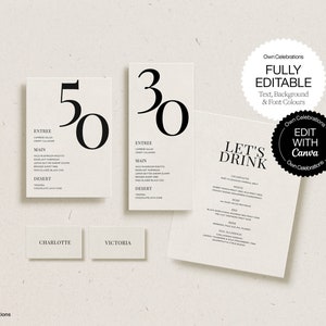 Conjunto de plantillas de menú de cumpleaños editables, tarjetas de lugar, menú de mesa imprimible, plantilla de menú de barra, decoración comestible en blanco y negro, descarga instantánea