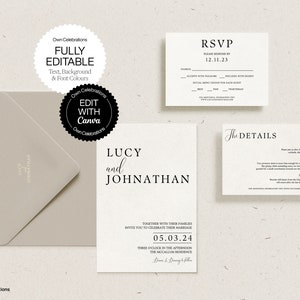 Modern Wedding Invitation Template: Minimalist RSVP Set (Editable Canva Template)