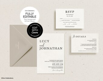Modello di invito di nozze moderno: set RSVP minimalista (modello Canva modificabile)