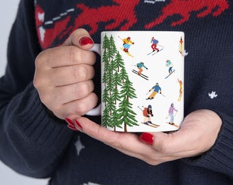 Skiers Pattern Mug | Ceramic Coffee Cup with Skiing People and Pine Trees