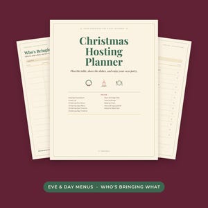 May include: A cream-colored Christmas Hosting Planner document with dark green text. The cover page features the title, icons of a wreath, candle, and place setting, and a list of contents including menus, timelines, and guest lists.