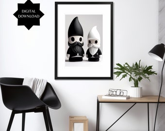 Modern Black and White Gnome Art, Digital Download Print: Art piece, Invitations/Stationary, DIY Craft, Clip Art, Digital Background, 300DPI