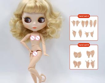 May include: A doll with blonde wavy hair and large brown eyes, featuring articulated limbs and a light skin tone. Included are two separate charts labeled hand set A and hand set B, each displaying various hand gestures in a matching skin tone.