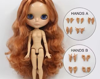 May include: A doll with long wavy ginger hair and large blue eyes, featuring a light skin tone and articulated joints. To the right, two circular insets labeled HANDS A and HANDS B display various interchangeable hand gestures in matching skin tones.