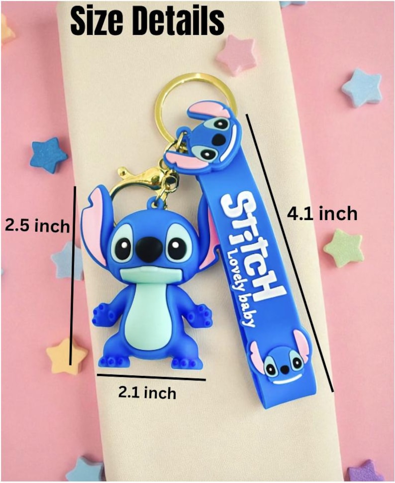 May include: A blue Stitch keychain with a gold-colored ring and clasp. The keychain features a 3D Stitch figure and a blue strap with the word "Stitch" and "Lovely baby" printed on it. The keychain is 4.1 inches long, 2.5 inches high, and 2.1 inches wide.